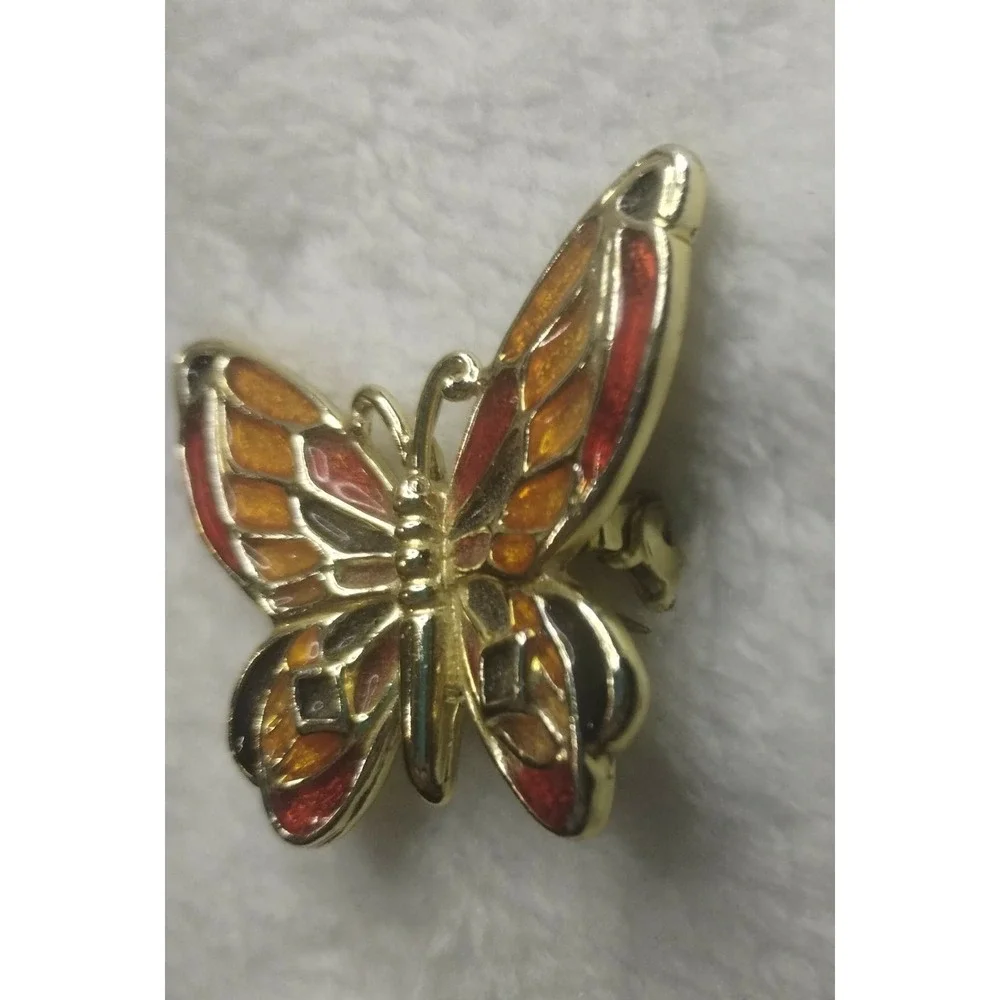 Vintage Style Gold Tone Orange Red Enamel Butterfly Brooch Pin Monarch‎ Wing